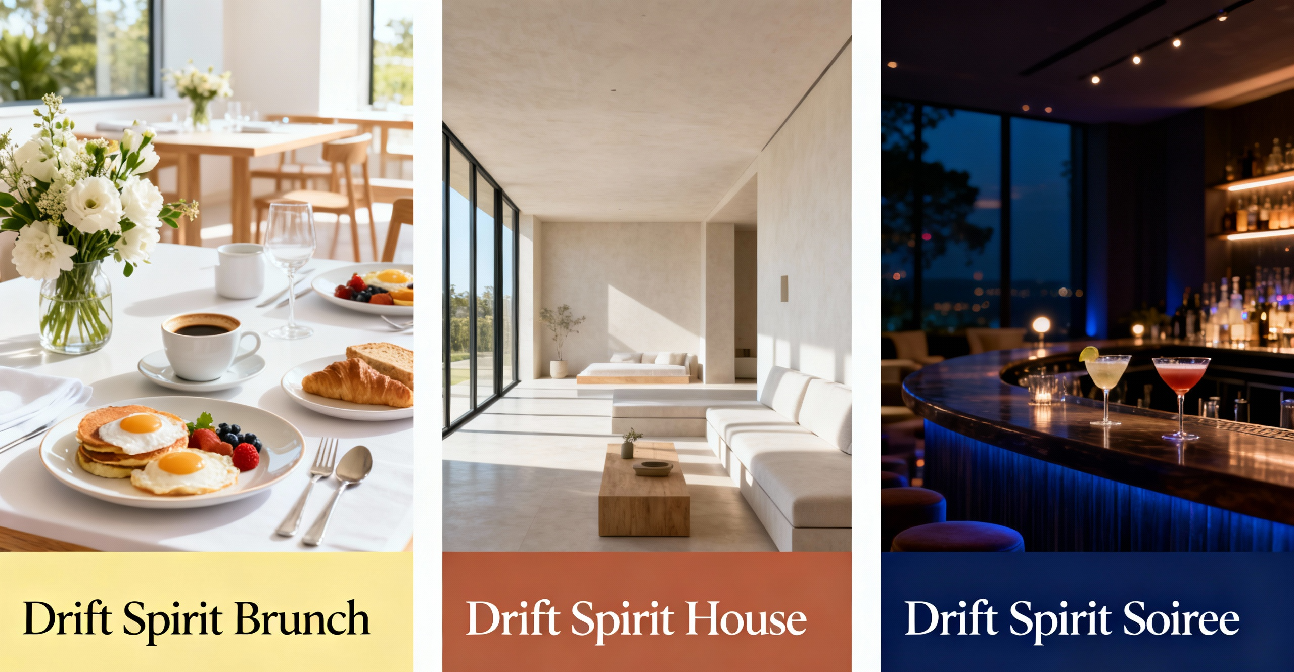 Drift Spirit hero triptych showing the Brunch, House, and Soiree brand concepts side by side